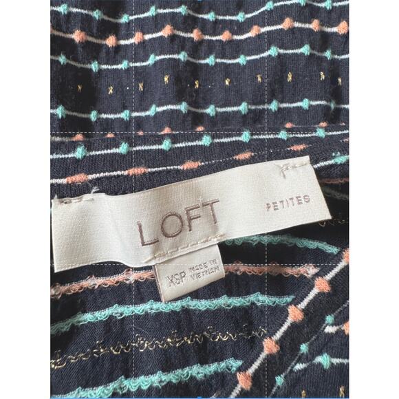 Loft Mini Dress Stripe Swiss Dot Long Sleeve Casual V Neck Casual Navy Blue - Picture 4 of 7